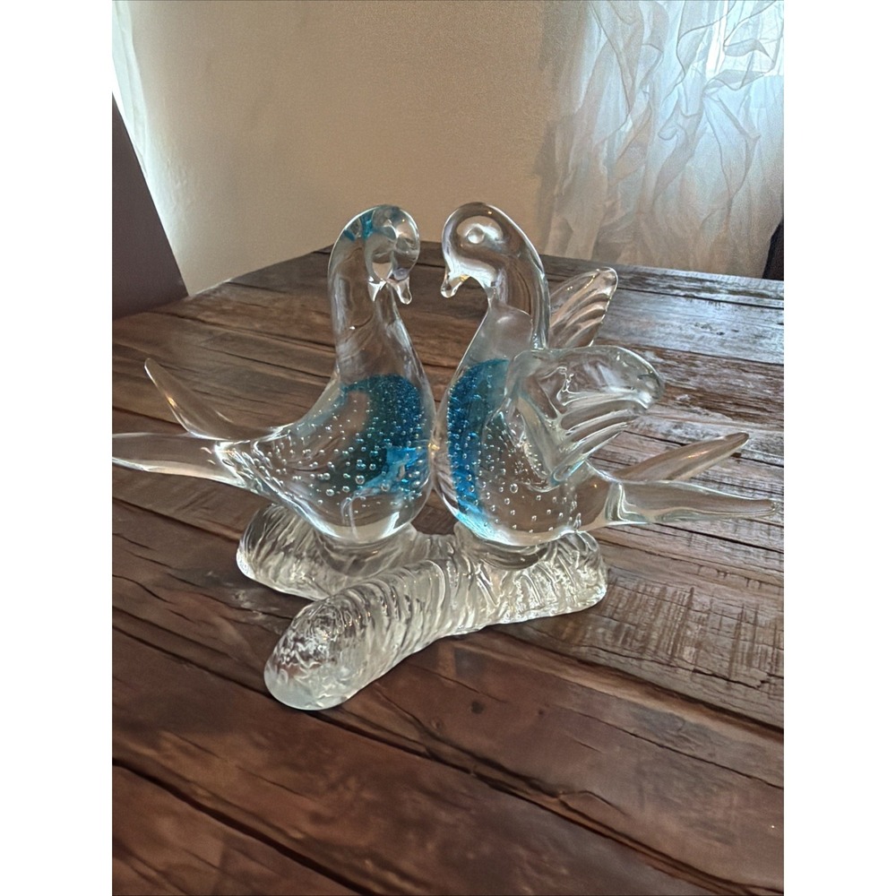 Brand ICET Origin Venezuela Glass Doves on Branch Clear w/ Blue And Bullicante!